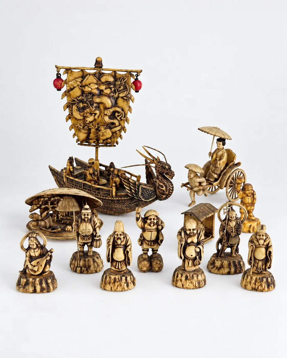 Lote 11 Figuras Japonesas Fortuna Resina Simil Marfil Dioses Beige