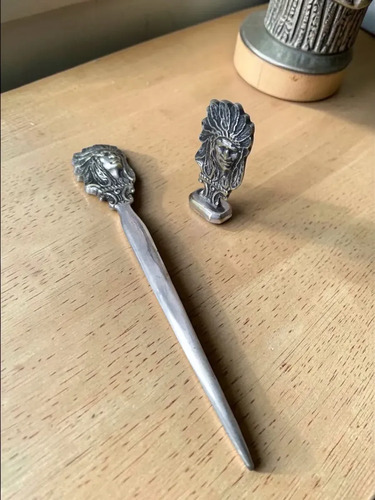 Set Escritorio Plata 900 Abrecartas Pisapapeles Jefe Indio