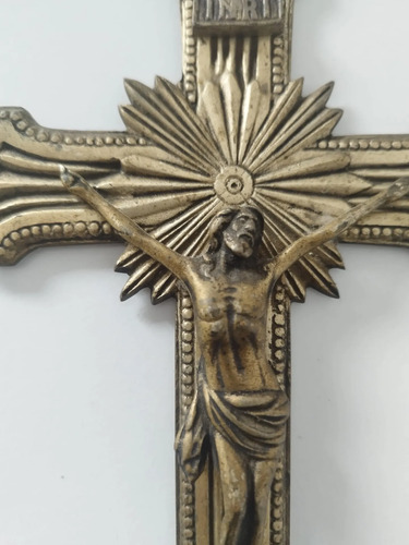 Cruz Bronce Pared Cristo Inri Antigua Relieve Catolica 27 Cm