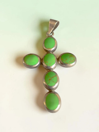 Dije Cruz Plata 925 Con Jaspe Verde Colgante Vintage Antiguo Plateado