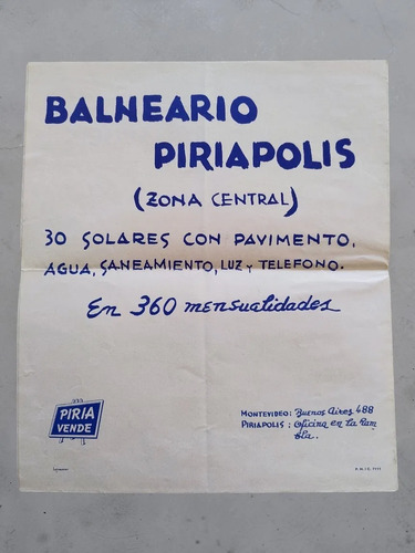 Folleto Antiguo Piriapolis Piria Vende Solares Plano Mapa Uy