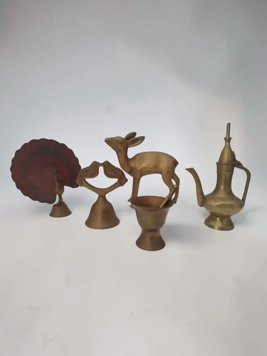 Lote 5 Figuras Bronce Campana Ciervo Pavo Real India Antiguo