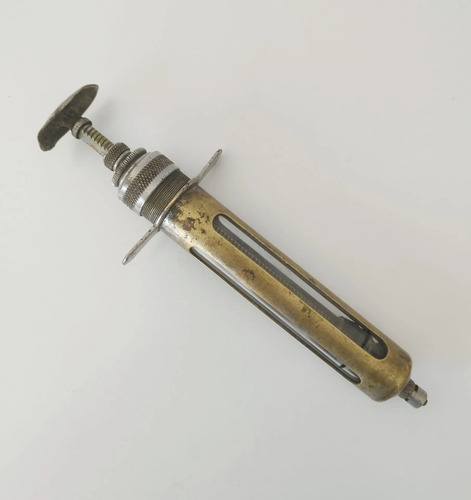 Jeringa Antigua Veterinaria Vidrio Metal Coleccion Campo Uso